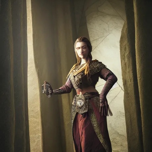 Image similar to the elder scrolls vi, charismatic regal brunette female jarl, portrait, throne room, atmospheric lighting, painted, intricate, volumetric lighting, beautiful, daytime, sunny weather, slight overcast, sharp focus, deep colours, ultra detailed, by leesha hannigan, ross tran, thierry doizon, kai carpenter, ignacio fernandez rios