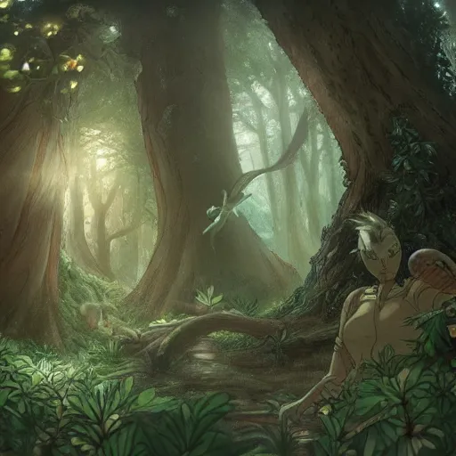 Image similar to fantasy creature in the forest in the ghibli artstyle, art 8k detailed, smooth, highly detailed, ghibli