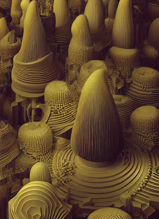 Image similar to highly detailed surreal vfx portrait of a 3 d landscape of stacks of recursive speakers, polyphonic ecstacy, ornate, hyperrealistic, octane render, chiaroscuro, inspired by james jean, mandelbulb 3 d, android jones, beeple, rhads, alphonse mucha, frostbite 3 engine