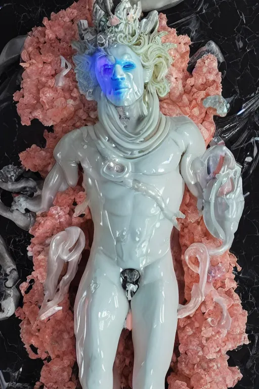 Image similar to photo of full-body rococo and cyberpunk delicate neon crystalline sculpture of ((handsome muscular albino prince Harry Styles)) as an onyx humanoid deity wearing ((peach plastic hooded cloak)) (holding an onyx skull) in a onyx aztec temple, reclining, glowing blue face, crown of (pink lasers), large blue diamonds, swirling black silk fabric. futuristic elements. oozing glowing liquid, full-length view. space robots. intricate artwork by caravaggio. Trending on artstation, octane render, cinematic lighting from the right, hyper realism, photorealistic, octane render, 8k, depth of field, 3D