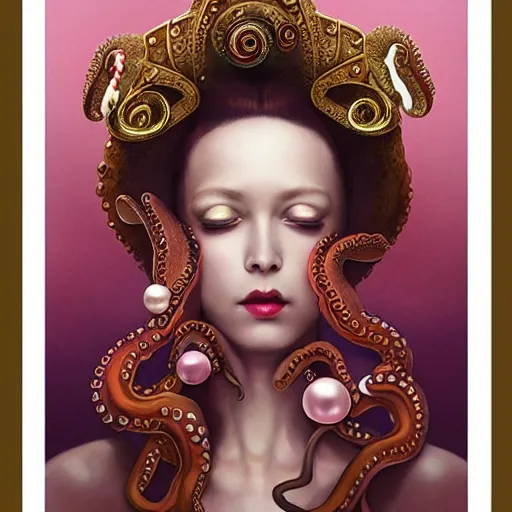 Image similar to queen of octopus with pearls embedded, portrait, pink and gold, nouveau, beautiful, by Anato Finnstark, Tom Bagshaw, Brom