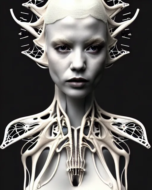 Prompt: bw 3 d render, stunning beautiful young angelic cute biomechanical albino female cyborg with a porcelain profile face, rim light, big leaves and stems, roots, fine foliage lace, alexander mcqueen, art nouveau fashion embroidered collar, steampunk, silver filigree details, hexagonal mesh wire, mandelbrot fractal, elegant, artstation trending