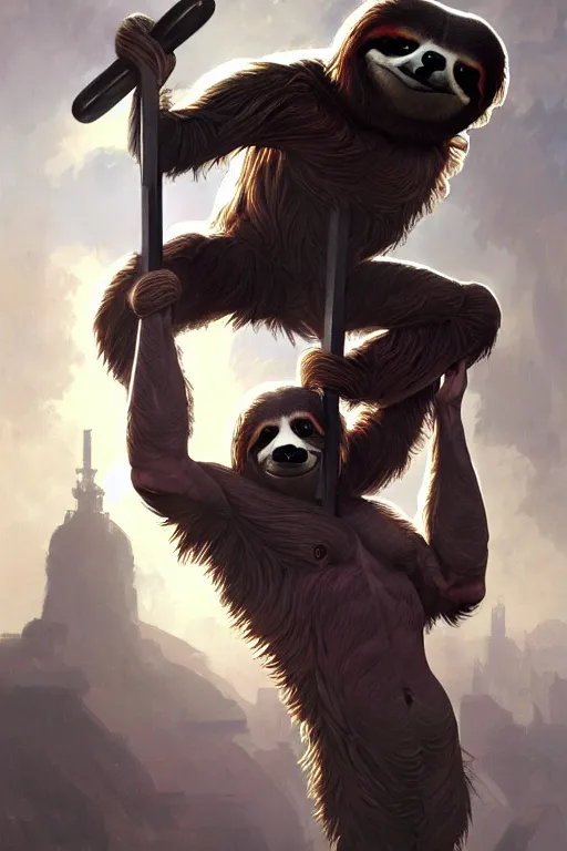 Image similar to anthro sloth lifting weights, dim dingy gym, dynamic pose, fantasy, intricate, elegant, highly detailed, digital painting, artstation, concept art, matte, sharp focus, illustration, art by artgerm and greg rutkowski and alphonse mucha