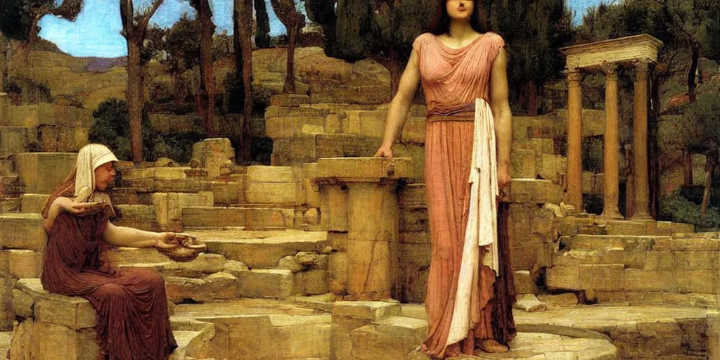 Prompt: The Oracle at Delphi by John William Waterhouse and Grant Wood