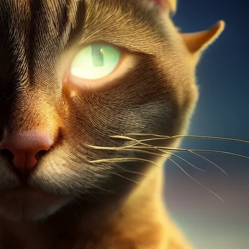 Image similar to a beautiful lady cat creature is hoping for a better future. close - up, beautiful sky, volumetric lighting, sharp focus, ultra detailed, cgsociety - w 1 0 2 4 - n 8 - i