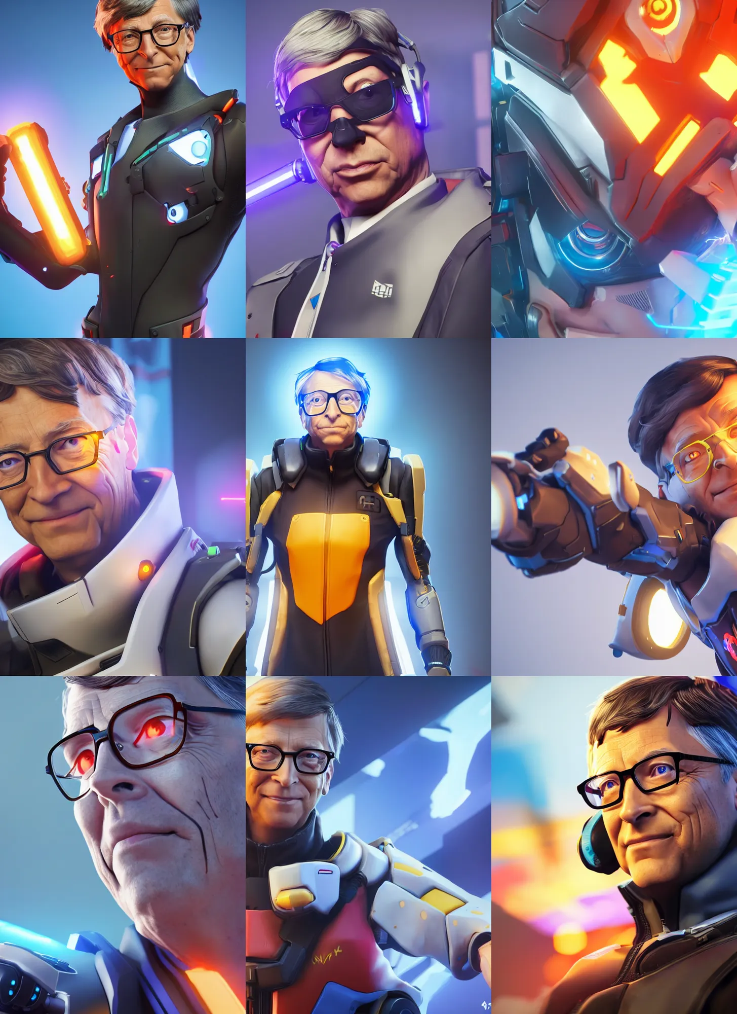 Prompt: bill gates in overwatch, overwatch fanart, trending on artstation, 8 k, octane render, detailed lighting, high quality render, aesthetic, unreal engine