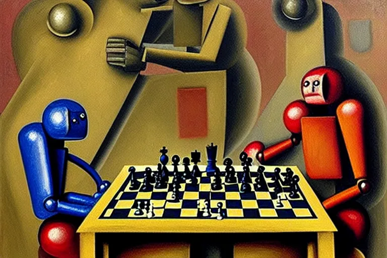 Prompt: portrait of two robots playing chess, highly detailed, painting by otto dix, 8 k