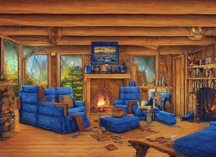 Prompt: the living room of a cozy wooden house with a fireplace, at night, interior design, d & d concept art, d & d wallpaper, warm, walls painted blue, blue walls, digital art. art by james gurney and larry elmore.