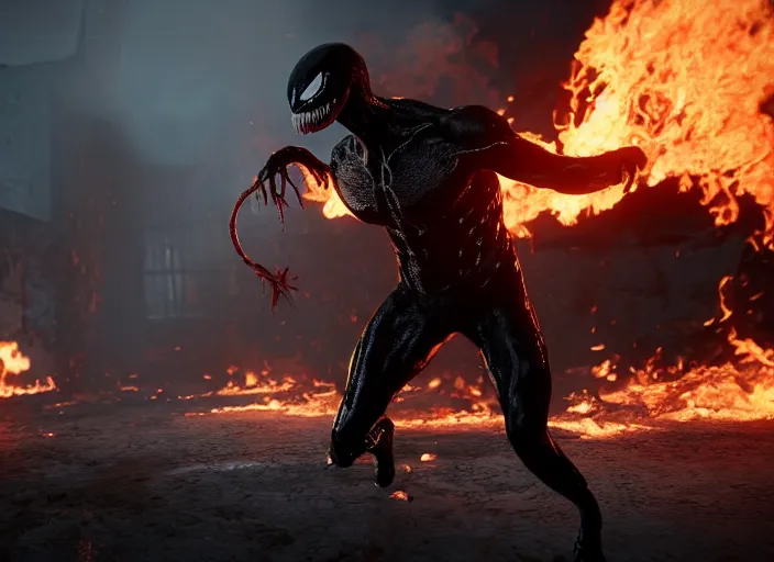 Image similar to venom standing still in a fire around him, ultra realistic 4 k unreal engine very cinematic render with ray tracing bloom ambient occlusion strong reflections depth of field fog