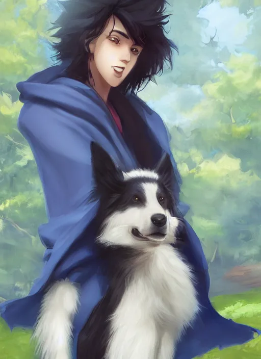 Image similar to wide angle beautiful full body portrait of a cute male anthropomorphic anthro border collie fursona wearing indigo robes in a park, character design by charlie bowater, henry asencio, and ross tran, disney, anime, scenic background, detailed, glamor pose, aesthetic, trending on artstation, furaffinity, deviantart