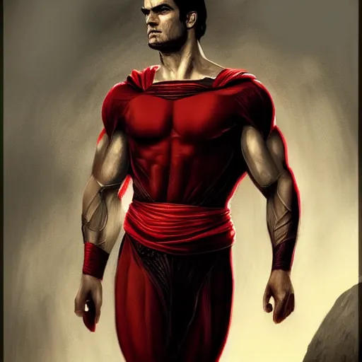 Image similar to Henry Cavill is a Greek god, gorgeous, amazing, muscular, red silk, intricate, elegant highly detailed, digital painting, artstation, concept art, sharp focus, illustration,