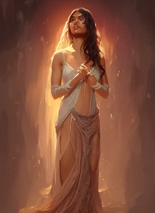 Image similar to cute brown woman wearing a transparent night gown, fantasy, intricate, highly detailed, digital painting, artstation, concept art, wallpaper, smooth, sharp focus, illustration, art by artgerm and greg rutkowski and alphonse mucha