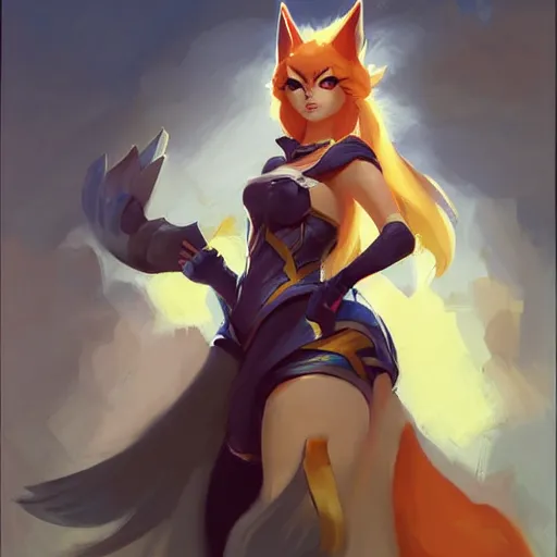 Image similar to greg manchess portrait painting of partially armored ahri from league of legends as overwatch character, medium shot, asymmetrical, profile picture, ambient occlusion, organic painting, sunny day, matte painting, bold shapes, hard edges, street art