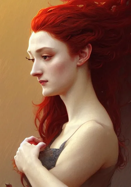 Prompt: portrait of red sansa stark, intricate, elegant, highly detailed, digital painting, artstation, concept art, smooth, sharp focus, illustration, art by artgerm and greg rutkowski and alphonse mucha and william - adolphe bouguereau