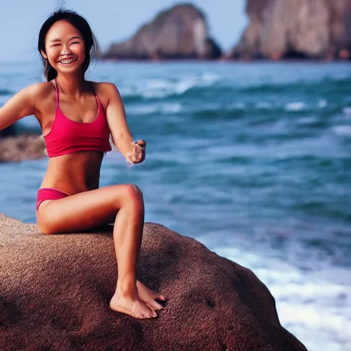 Prompt: beautiful half vietnamese tanned woman, toned, rock climber, instagram, smiling, beach, portrait, photorealistic