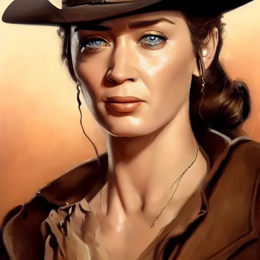 Prompt: ultra realistic portrait painting of emily blunt as a western outlaw, art by frank frazetta, 4 k, ultra realistic, highly detailed, epic lighting