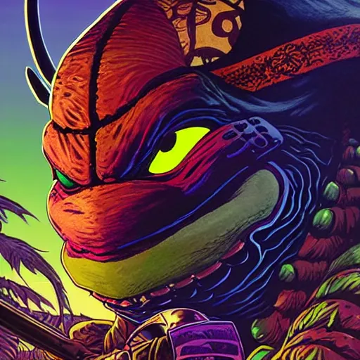 Prompt: side profile of barong family ninja turtles, wiwek, mara demon, one single tribe member, jungle, one single mask, dark, tribal, inner glow, art by dan mumford and justin gerard