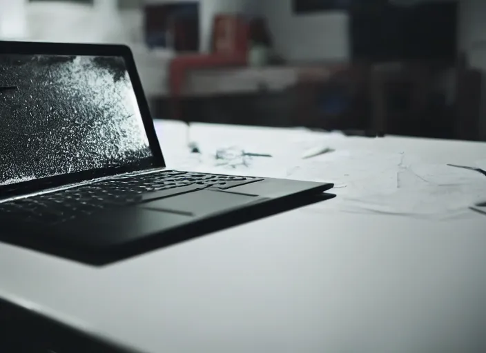 Prompt: photo of a laptop melting away, photorealistic, dark, on desk, amateur photo, melting