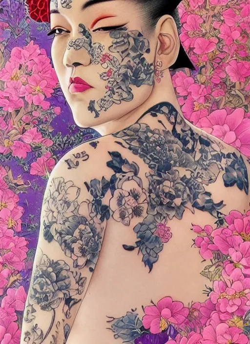 Prompt: portrait of an elegant beauty yakuza tattooed, ::traditional colorful kimono:: defiant look attitude, cinematic lighting, golden hour, Crewson style shadowing , ultra-detailed, sharp focus, highly detailed, sharp focus, golden background with flowers, photorealism, style of Hajime Sorayama, art by Hirothropologie , artgerm and Patrick DeMarchelier