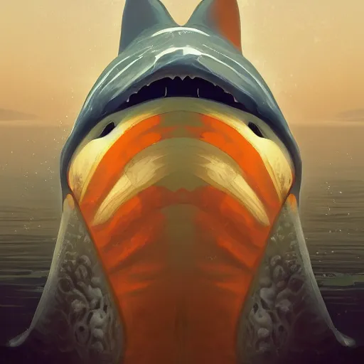 Image similar to broken orange and white striped traffic cone filled with shark teeth, ocean background detailed atmospheric - ron cheng & alphonse mucha, highly detailed, digital painting, ray tracing, concept art, illustration, smooth sharp focus, intricate, symmetry, artstation,