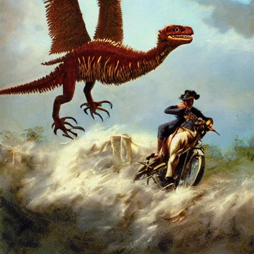 Image similar to jules vern riding a velociraptor