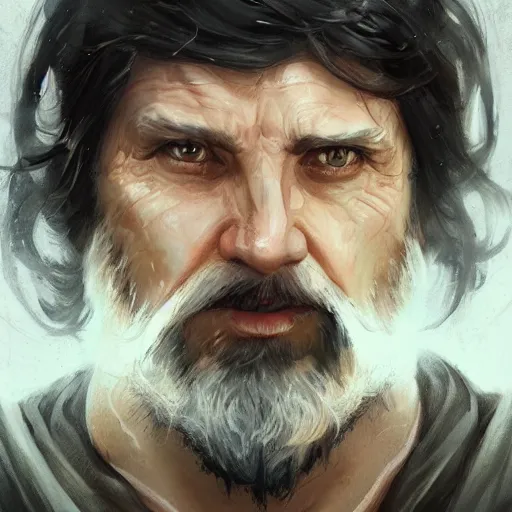 Image similar to portrait of a man by Greg Rutkowski, an old Jedi, arabian features, and olive skin, long black hair and beard, wise appearance, orange robes, Star Wars Expanded Universe, he is about 60 years old, highly detailed portrait, digital painting, artstation, concept art, smooth, sharp foccus ilustration, Artstation HQ