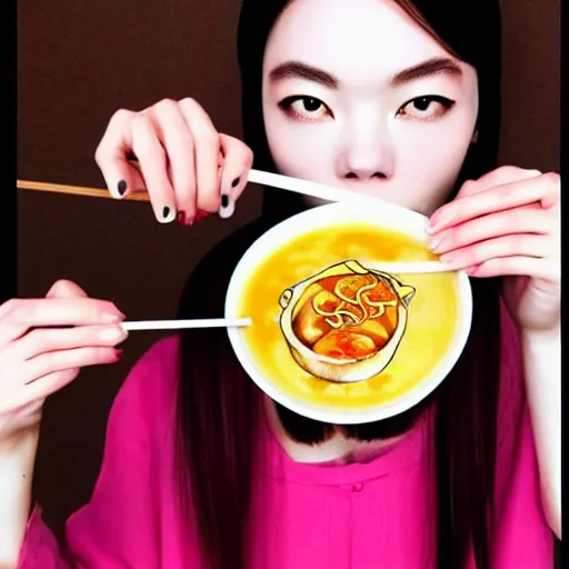 Image similar to beautiful japanese female model eating ramen soup portrait in the style of art anya taylor - joy