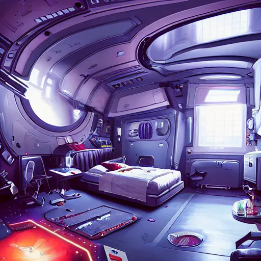 Prompt: a 00s bedroom in a spacestation, intense sci-fi details, realism, colorful, hyper detailed, futuristic, technology, cinematic atmosphere, arnold render, trending on artstation, cgsociety,