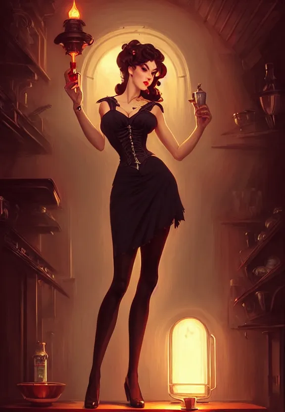 Image similar to Attractive necromancer waitress of a small 50’s style diner, fantasy magic, dark pin-up style hair, dark light night, intricate, elegant, sharp focus, illustration, highly detailed, digital painting, concept art, matte, art by WLOP and Artgerm and Greg Rutkowski and Alphonse Mucha, masterpiece