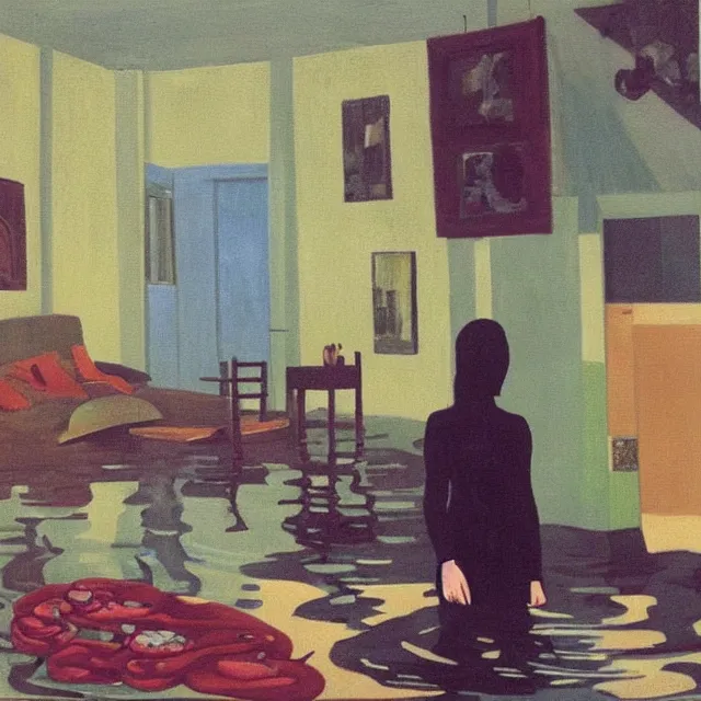 Image similar to tall emo artist in her flooded apartment, painting of flood waters inside an artist's home, a river flooding indoors, pomegranates, pigs, ikebana, zen, water, octopus, river, rapids, waterfall, black swans, canoe, berries, acrylic on canvas, surrealist, by magritte and monet