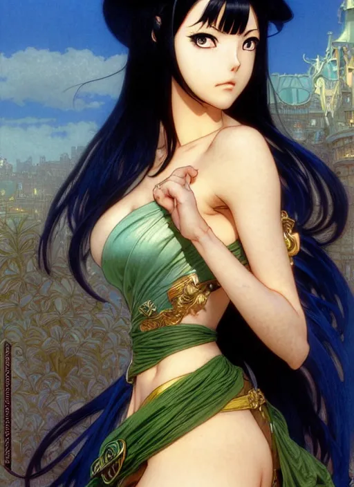 Image similar to highly detailed vfx portrait of nico robin by eiichiro oda!, makoto shinkai, alphonse mucha, masterpriece, art by artgerm and greg rutkowski!, blue eyes!!, large aquiline nose!!, gaston bussiere, stanley kubrick, kaoru mori, intricately detailed, behance, 4 k, hdr