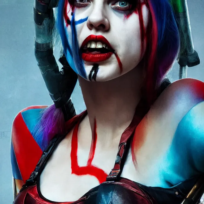 Image similar to portrait of alexandra daddario as a harley quinn in suicide squad. intricate abstract. intricate artwork. by tooth wu, wlop, beeple, dan mumford. octane render, trending on artstation, greg rutkowski very coherent symmetrical artwork. cinematic, hyper realism, high detail, octane render, 8 k, iridescent accents