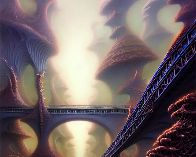 Image similar to street view of a bridge being held up by two hands, fantasy landscape made of fractals facing each other, ultra realistic, wide angle, intricate details, the fifth element artifacts, highly detailed by peter mohrbacher, hajime sorayama, wayne barlowe, boris vallejo, aaron horkey, gaston bussiere, craig mullins