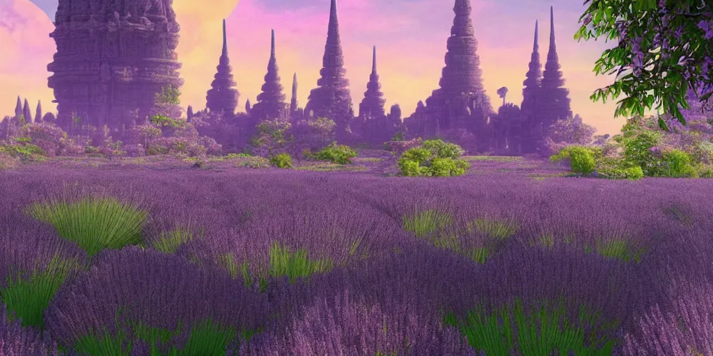 Prompt: a massive alien temple, with two spires, a lake surrounding it, clear lavender sky, three moons and rings in the horizon, lush vegetation, flowers, 8 k, cinematic, vivid colors, artstation, tom badshaw