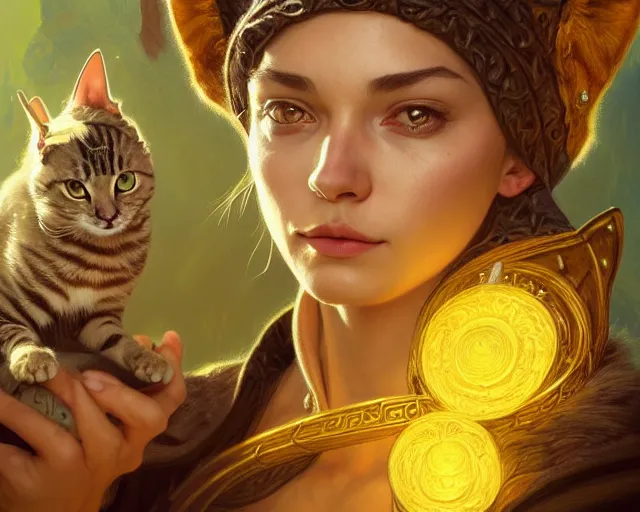 Image similar to a mind - blowing portrait of a cat wizard, yellow wizard hat, deep focus, d & d, fantasy, intricate, elegant, highly detailed, digital painting, artstation, concept art, matte, sharp, illustration, hearthstone, art by artgerm and greg rutkowski and alphonse mucha