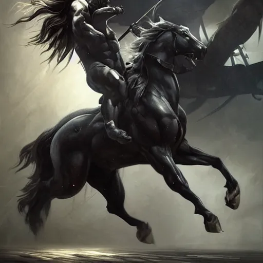 Image similar to splash art of a huge muscular black - coated anthropomorphic horse character with long white hair wearing tactical kevlar fabric, exaggerated muscle physique, highly detailed, furry, furaffinity, digital painting, artstation, sharp focus, illustration, art by artgerm, greg rutkowski, alphonse mucha