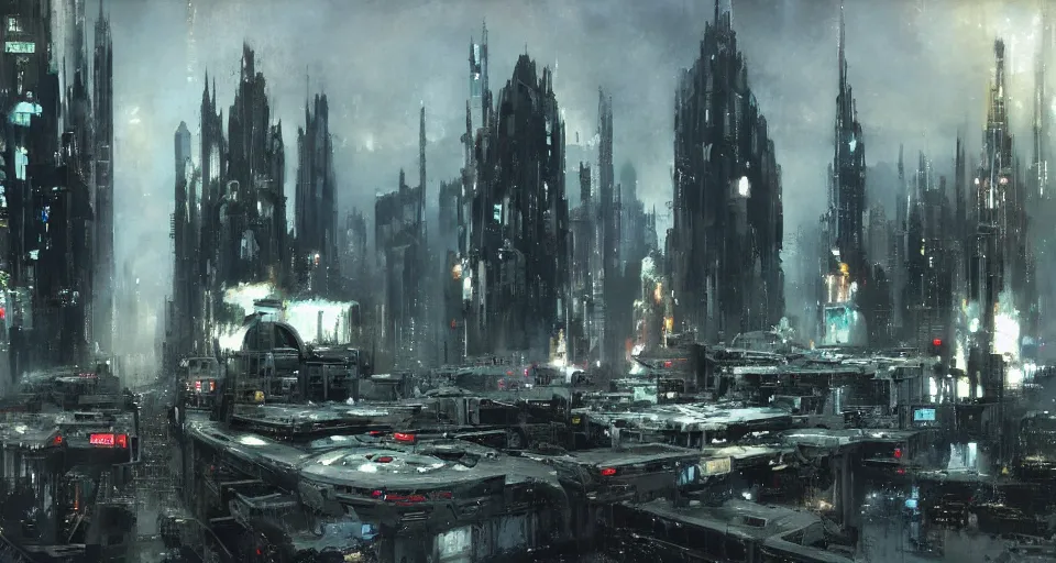 Image similar to star wars cityscape, by jeremy mann, peter elson.