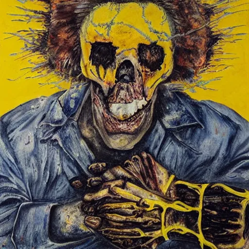 Image similar to selfie of the last surviving ukrainian, burning alive to the bone, wild pain and damage to the body, painted in dirty yellow - blue colors, against the backdrop of a huge nuclear explosion