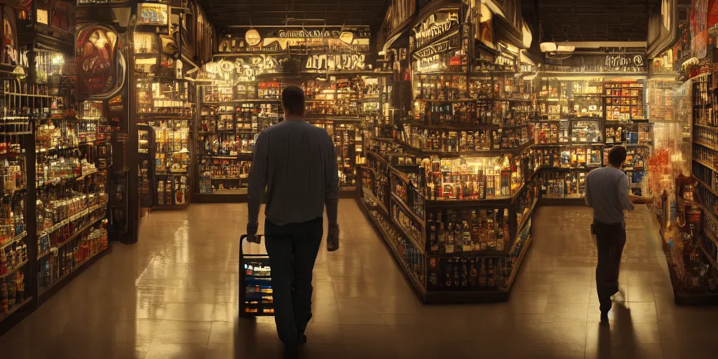 Image similar to a man shopping for beer and diapers, dim volumetric lighting, 8 k octane beautifully detailed render, post - processing, extremely hyper - detailed, intricate, epic composition, calendar says monday, cinematic lighting, masterpiece, trending on artstation, detailed detailed detailed, masterpiece, stunning art, wonderful masterpiece, beautiful cinematic light