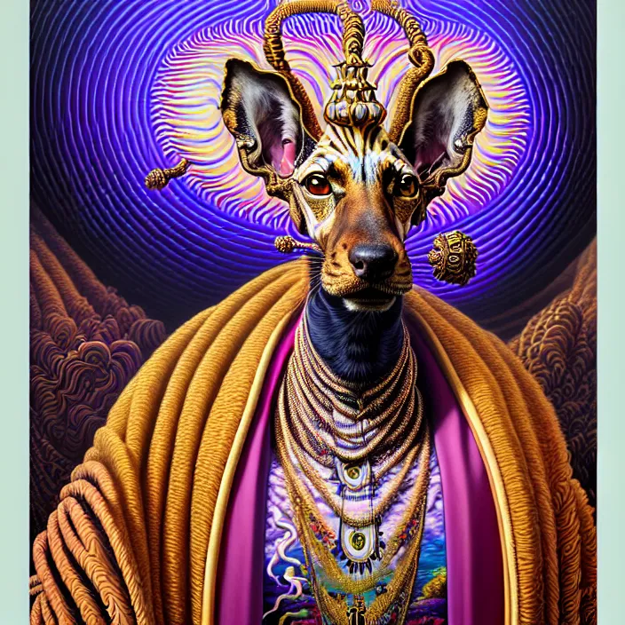 Image similar to beautiful oil painting, full length portrait of zulu dauphinois in baroque coronation robes 1701, Dan Mumford, Dan Mumford, Alex grey, hyacinthe rigaurd, highly detailed , lsd visuals, dmt fractal patterns, visionary art, psychedelic art, ornate, vaporwave, baroque, Greg rutkowski