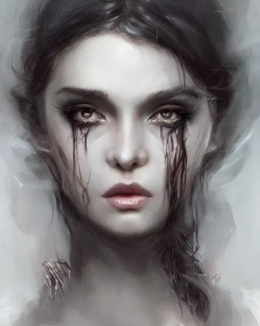 Prompt: portrait of demon girl, dreamy and ethereal, expressive pose, big black eyes, exciting expression, fantasy, intricate, elegant, dark and moody smoke, highly detailed, digital painting, artstation, concept art, smooth, sharp focus, illustration, art by magali villeneuve, artgerm and greg rutkowski and wlop