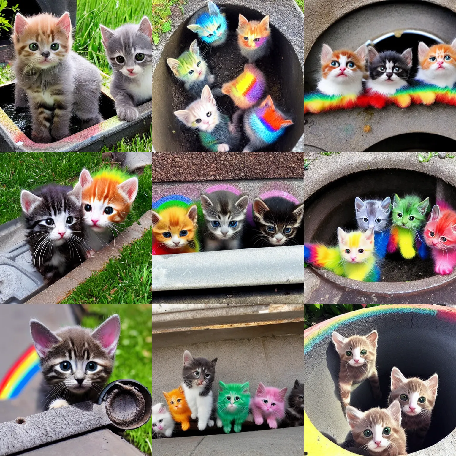 Prompt: several adorable rainbow kittens stuck in a drain pipe