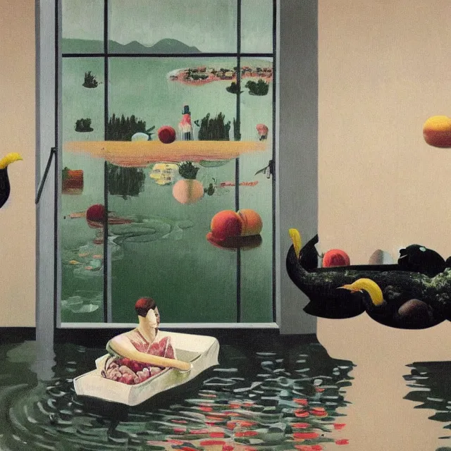 Prompt: painting of flood waters inside an apartment, tall female emo art student, a river flooding indoors, pomegranates, pigs, ikebana, water, river, rapids, waterfall, black swans, canoe, berries, acrylic on canvas, surrealist, by magritte and monet