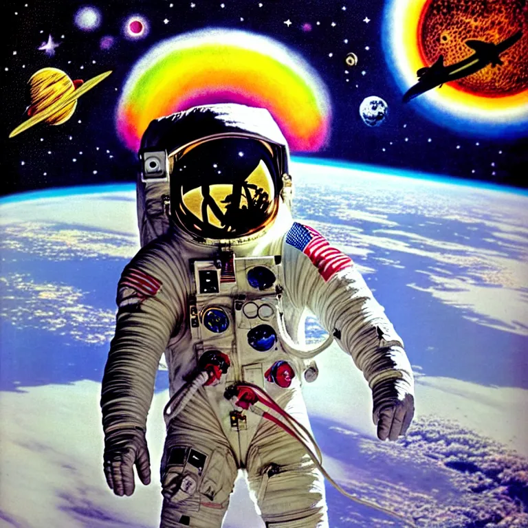 Image similar to by philip caza. astronaut at the rainbow bridge.