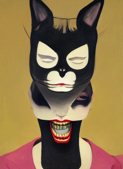 Image similar to portrait of a woman with cat face, metal teeth upsidedown by Edward Hopper and James Gilleard, highly detailed