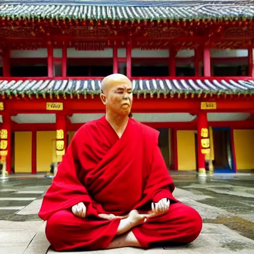 Image similar to donald trump!!!!!, dressed in orange monk's robes, quietly meditating in a buddhist temple