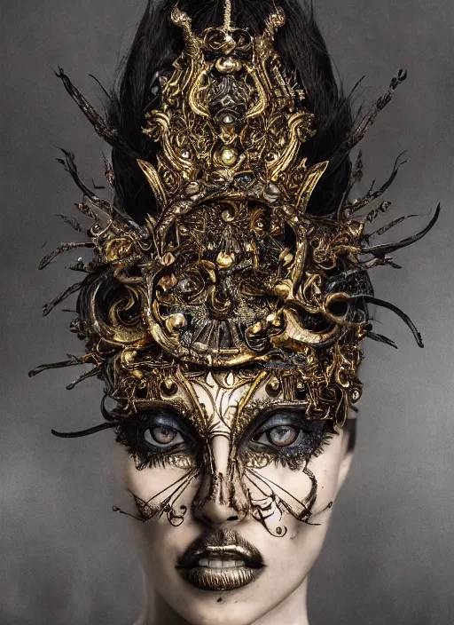Prompt: a portrait of female model by stefan geselle and nekro borja, photorealistic, intricate details, hyper realistic, fantasy, ornate metal gold headpiece, photorealistic, canon r 3, photography, wide shot, photography, dark beauty, symmetrical features, wide angle shot, whole body, full body shot, standing pose