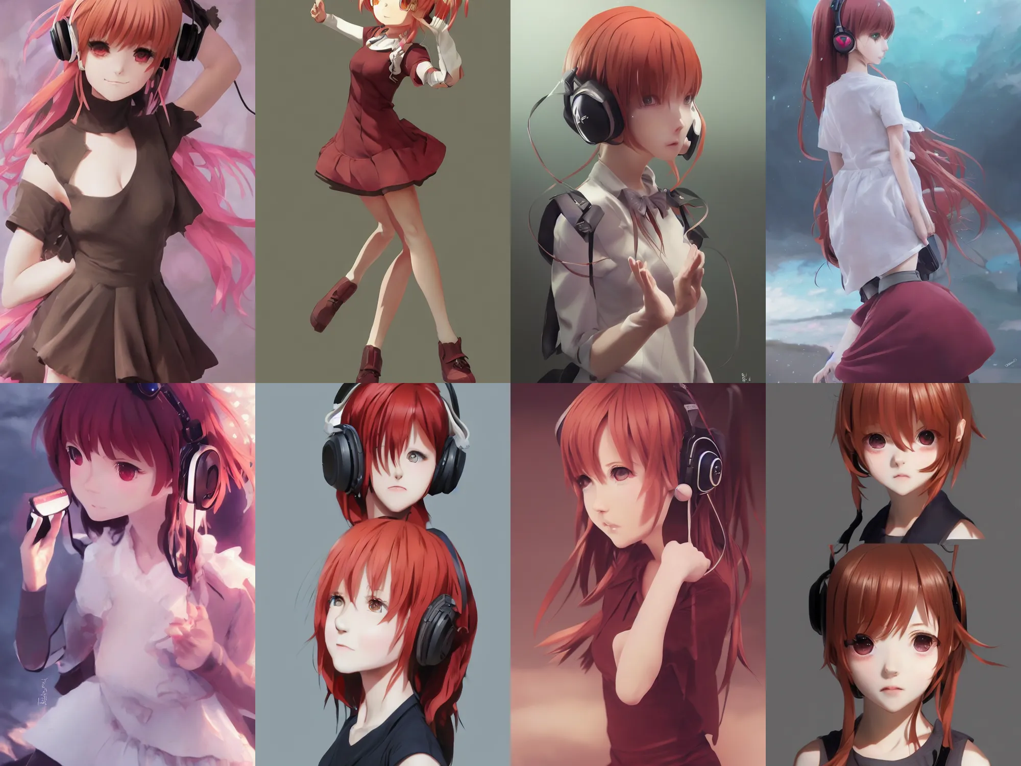 Image similar to Very complicated dynamic composition, realistic anime style at Pixiv CGSociety by WLOP, ilya kuvshinov, krenz cushart, Greg Rutkowski, trending on artstation. Zbrush sculpt colored, Octane render in Maya and Houdini VFX, cute young redhead girl in motion, she expressing joy, wearing dress, headphones, silky hair, stunning deep eyes. In cityscape. Very expressive and inspirational. Amazing textured brush strokes. Cinematic dramatic atmosphere, soft volumetric studio lighting.