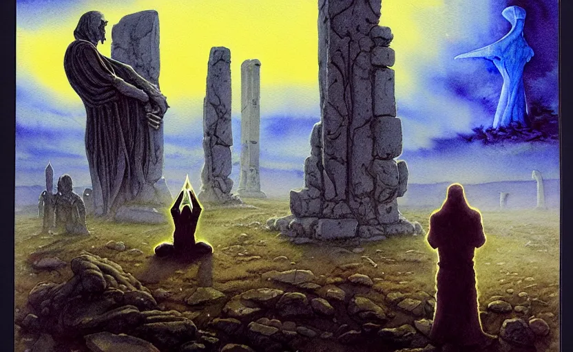 Prompt: a hyperrealist watercolour character concept art portrait of a pagan worshipper kneeling down in prayer in front of a tall elegant lovecraftian alien on a misty night in stone henge. a battlecruiser starship is in the background. by rebecca guay, michael kaluta, charles vess and jean moebius giraud