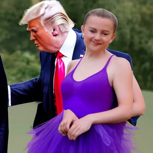 Prompt: Donald Trump wearing a purple ballet dress dancing